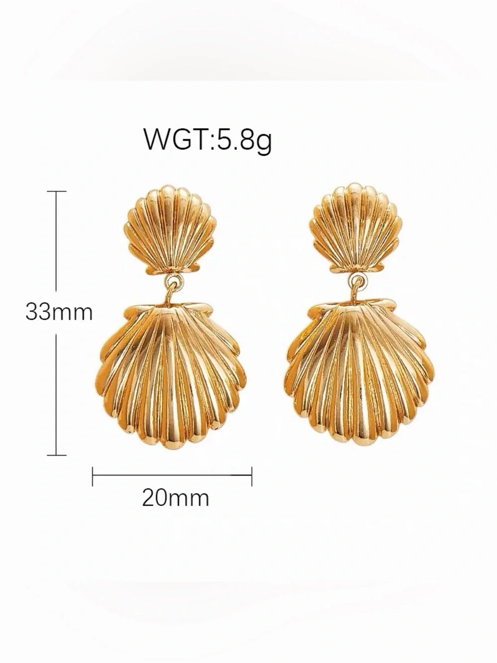 Gold Scallop Shell Drop Earrings Titanium Steel Waterproof 33mm